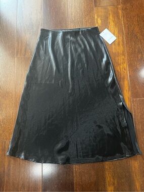 Calligraphie Black Satin Slip Midi Skirt Side Slit NWT Size M
